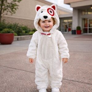 Target Bullseye Dog‎ Mascot Costume Toddler 2T 3T White Faux Fur Hooded